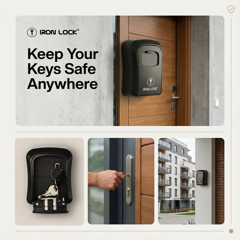 Iron Lock صندوق قفل المفاتيح Iron Lock® مثبت على الحائط - متوسط مقاوم للماء آمن معدني ثقيل مع تركيبة مكونة من 4 أرقام للوصول الخارجي، دخول المنزل، أمان المكتب، الإيجارات واستخدام Airbnb (أسود، متوسط) - Image 4